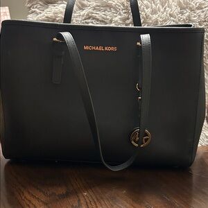 Michael Kors Black Leather Tote with Gold Accents